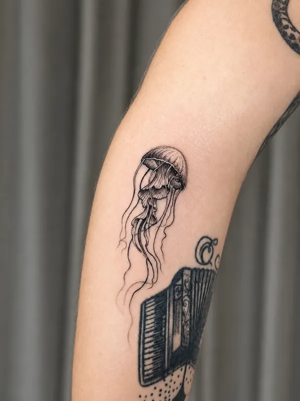 Tatuagem fine line de água-viva no braço, com uma sanfona em preto e cinza logo abaixo