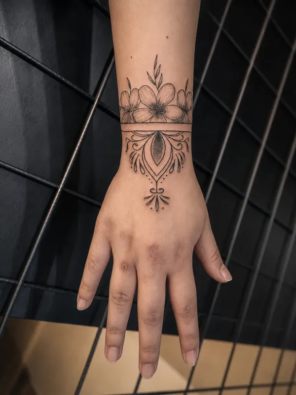 Tatuagem fine line de bracelete com flores e ornamento no punho, descendo pelo dorso da mão