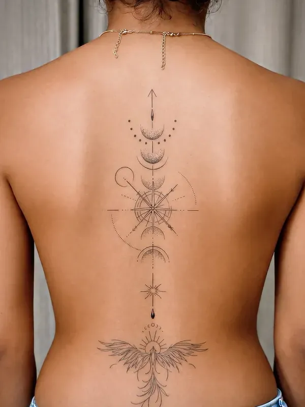 Tatuagem fine line de bússola com fases da lua ao longo da coluna, terminando em fênix