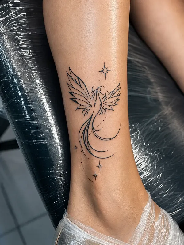 Tatuagem fine line de fênix com lua crescente e estrelas na panturrilha
