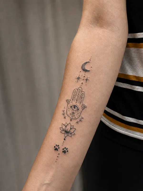 Tatuagem fine line de hamsá com olho, lua crescente, flor de lótus e duas patinhas no antebraço