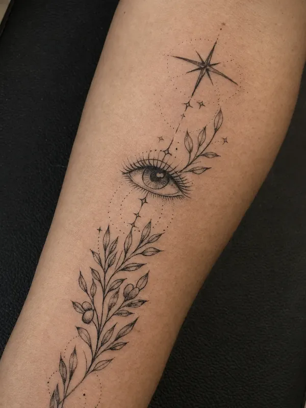 Close da mesma tatuagem de olho e ramo, com o pontilhado e o sombreado do traço em detalhe