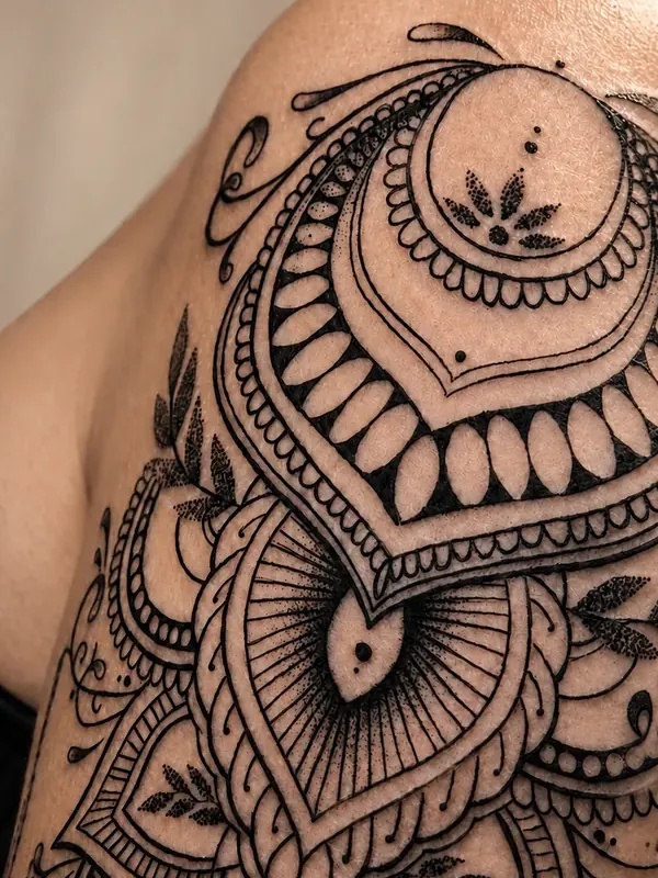 A mesma mandala ornamental do ombro vista de outro ângulo, com o desenho das folhas em detalhe
