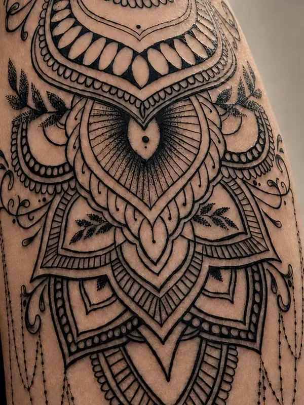 Ombro e braço fechados em mandala ornamental com pontilhado e correntes, em preto