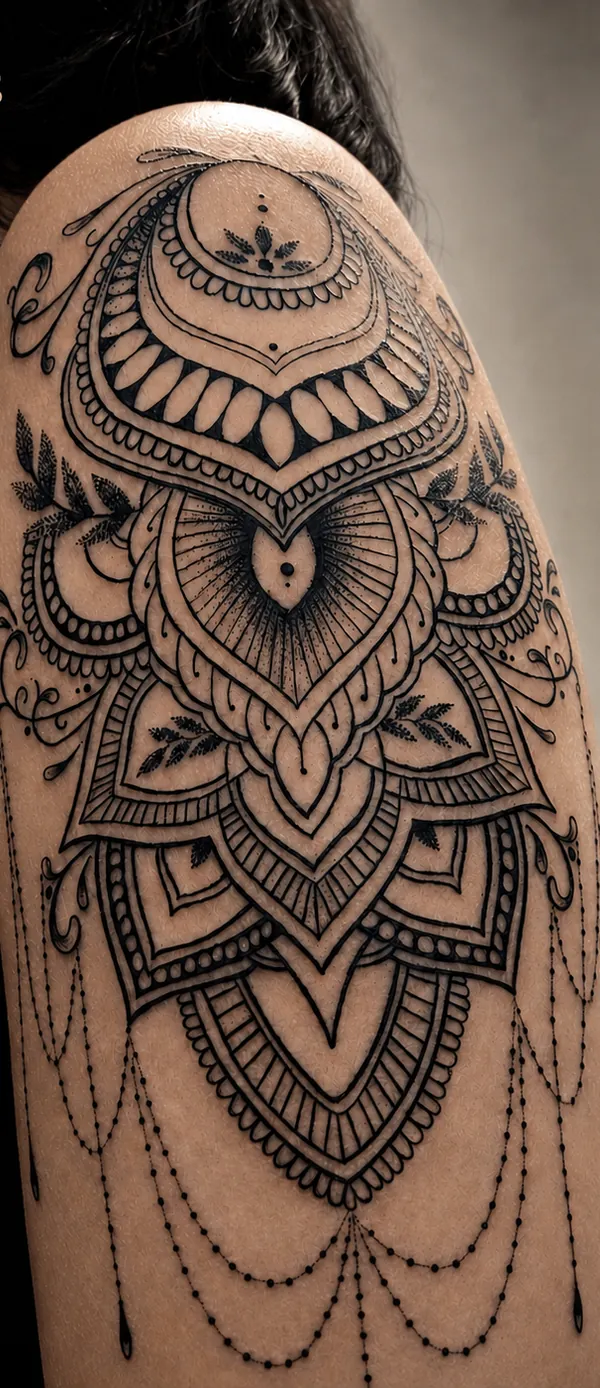 Tatuagem ornamental no ombro feita na Memphis