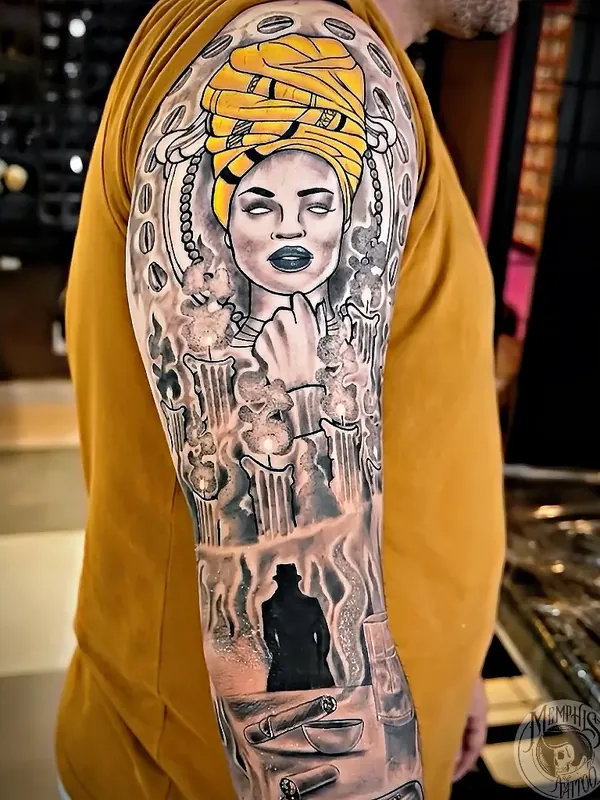 Meio braço fechado em realismo preto e cinza com retrato feminino