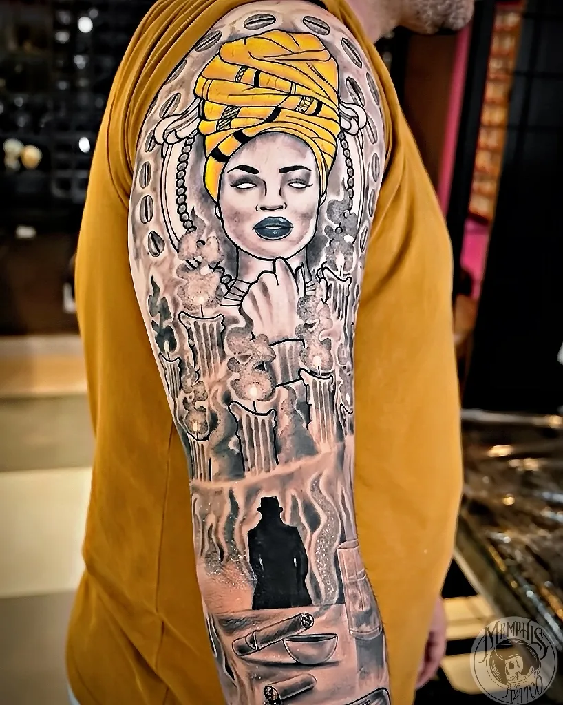 Meio braço fechado em realismo preto e cinza com retrato feminino