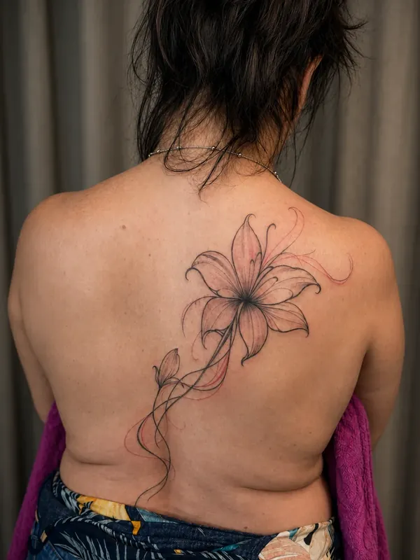 Tatuagem fine line de lírio nas costas
