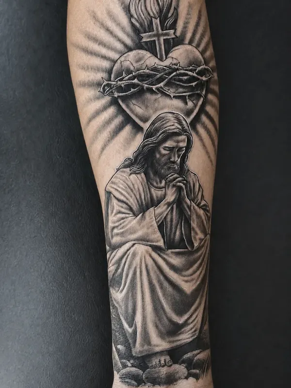 Tatuagem religiosa de santa em preto e cinza no antebraço, com raios ao fundo