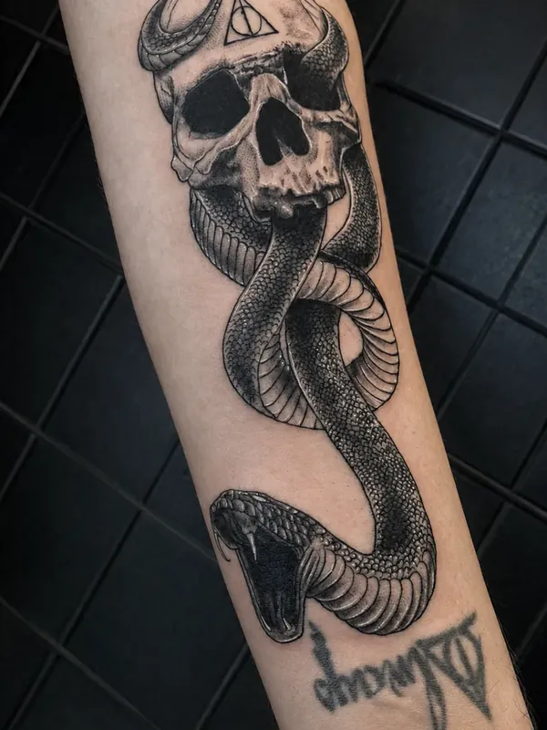 Caveira com serpente em preto e cinza no antebraço